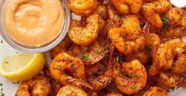 Crispy air fryer shrimp served on a plate with dipping sauce