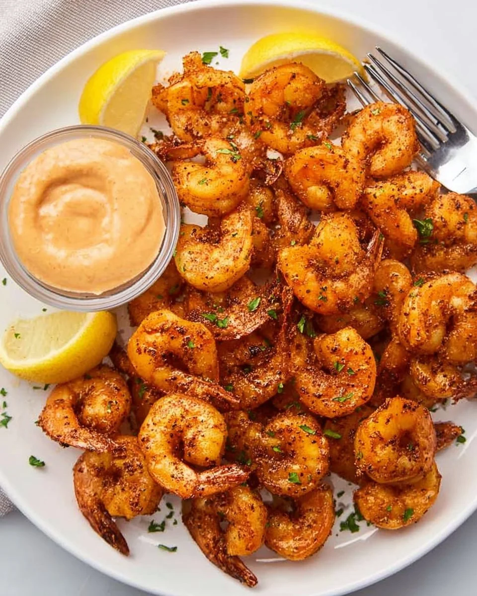 Crispy air fryer shrimp served on a plate with dipping sauce