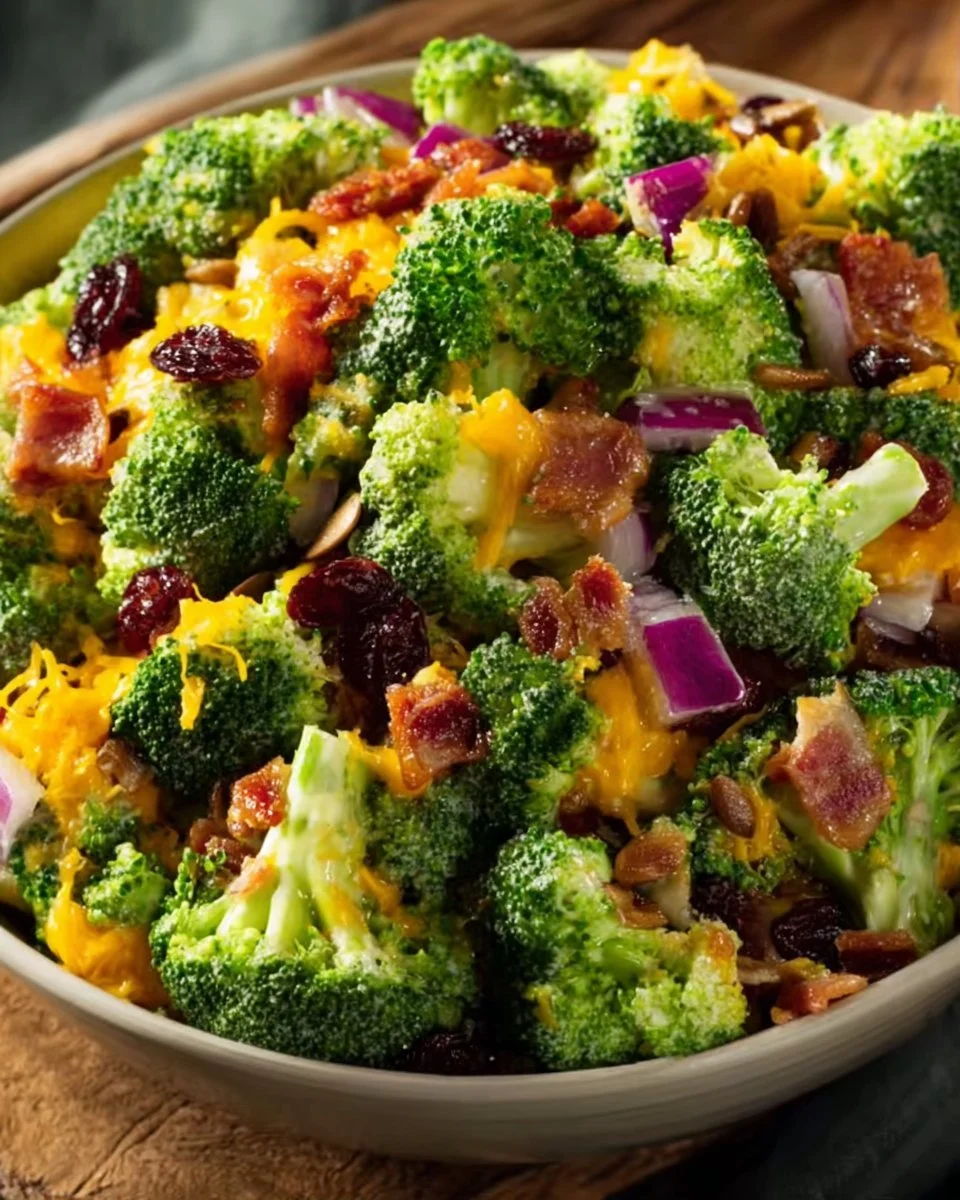 Bowl of Amish Broccoli Cheddar Salad with fresh broccoli and cheddar cheese