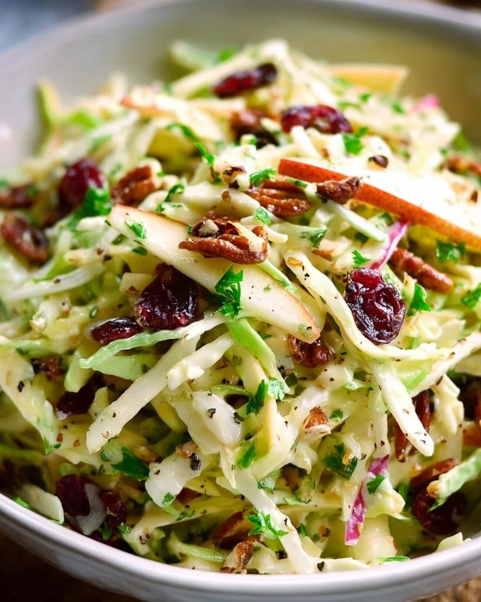 Delicious Apple Coleslaw with cranberries and pecans in a bowl