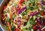 A colorful bowl of Asian Chopped Salad with fresh vegetables and dressing