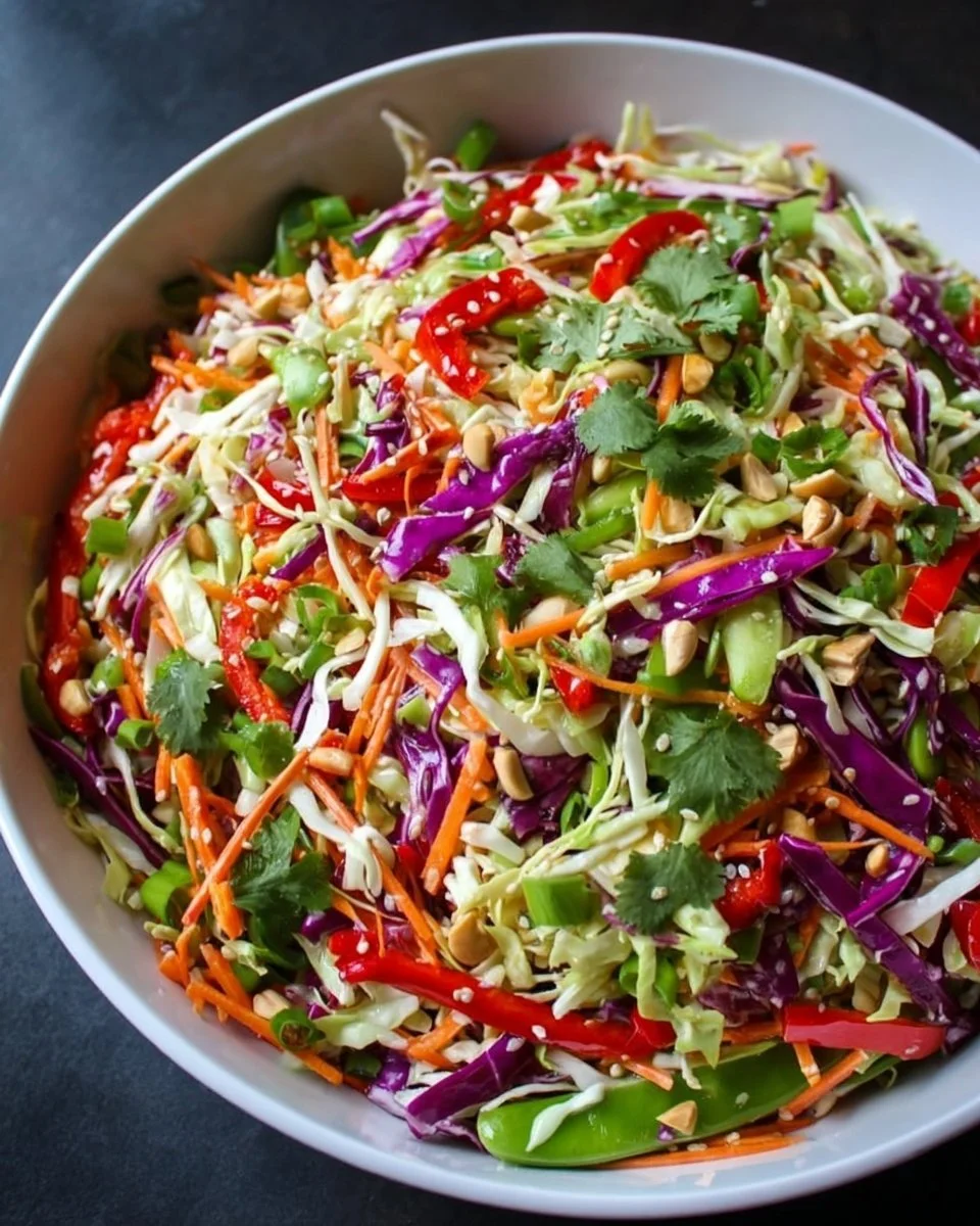 A colorful bowl of Asian Chopped Salad with fresh vegetables and dressing