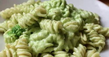 A delicious bowl of Avocado Broccoli Pasta garnished with fresh herbs.