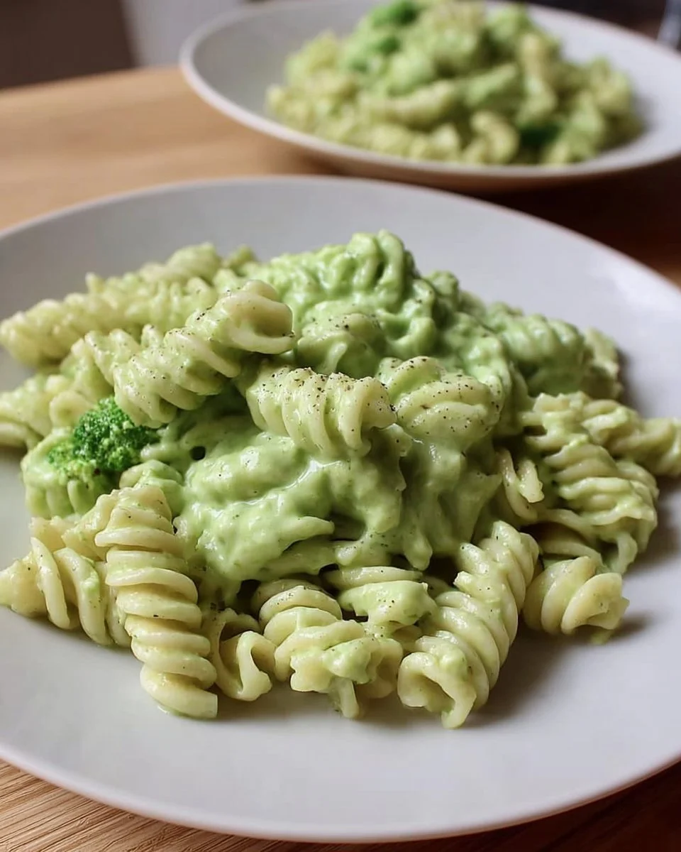 A delicious bowl of Avocado Broccoli Pasta garnished with fresh herbs.