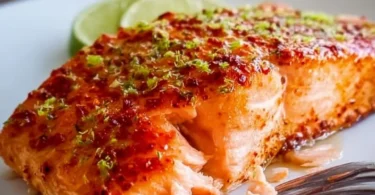 Baked chili lime salmon garnished with lime wedges and fresh cilantro