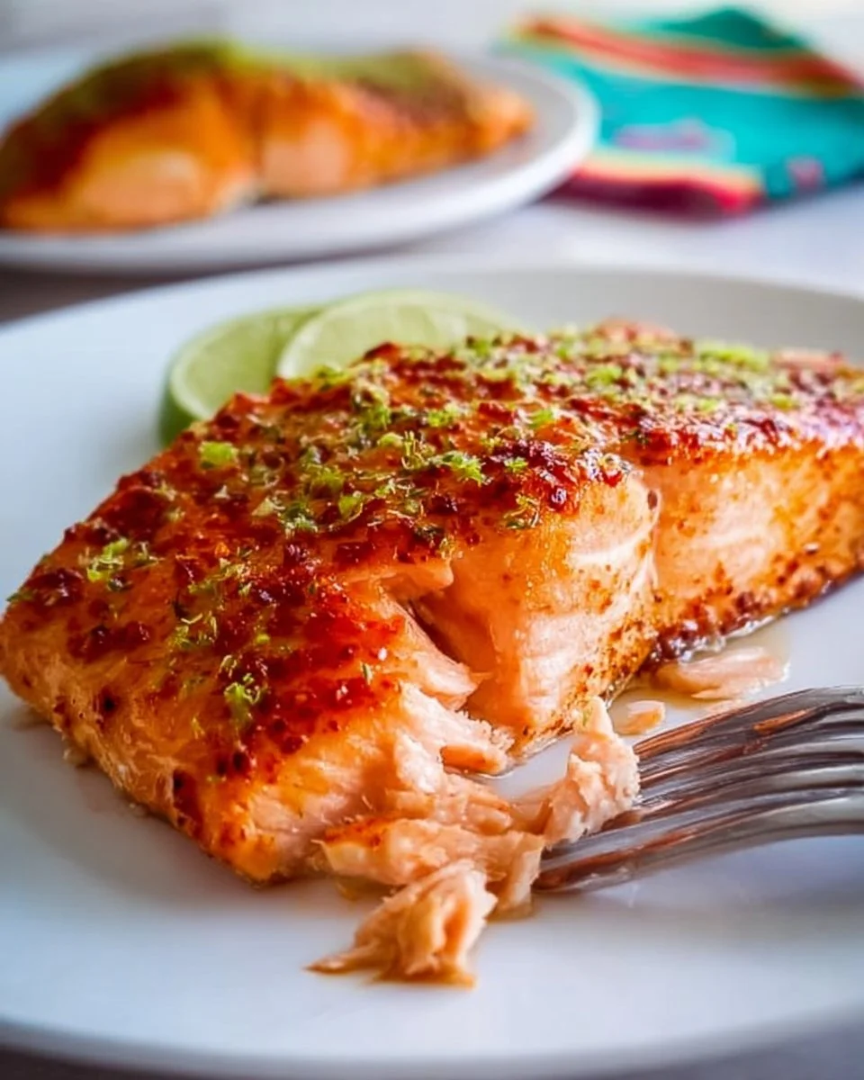 Baked chili lime salmon garnished with lime wedges and fresh cilantro