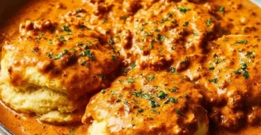 Delicious biscuits topped with rich chorizo gravy for a hearty breakfast dish.