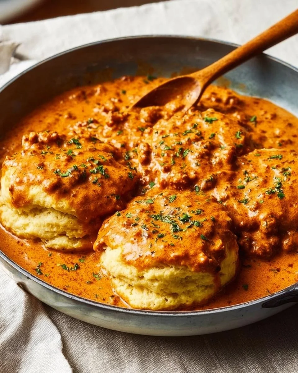 Delicious biscuits topped with rich chorizo gravy for a hearty breakfast dish.