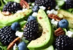 Delicious blackberry avocado salad topped with fresh greens and dressing