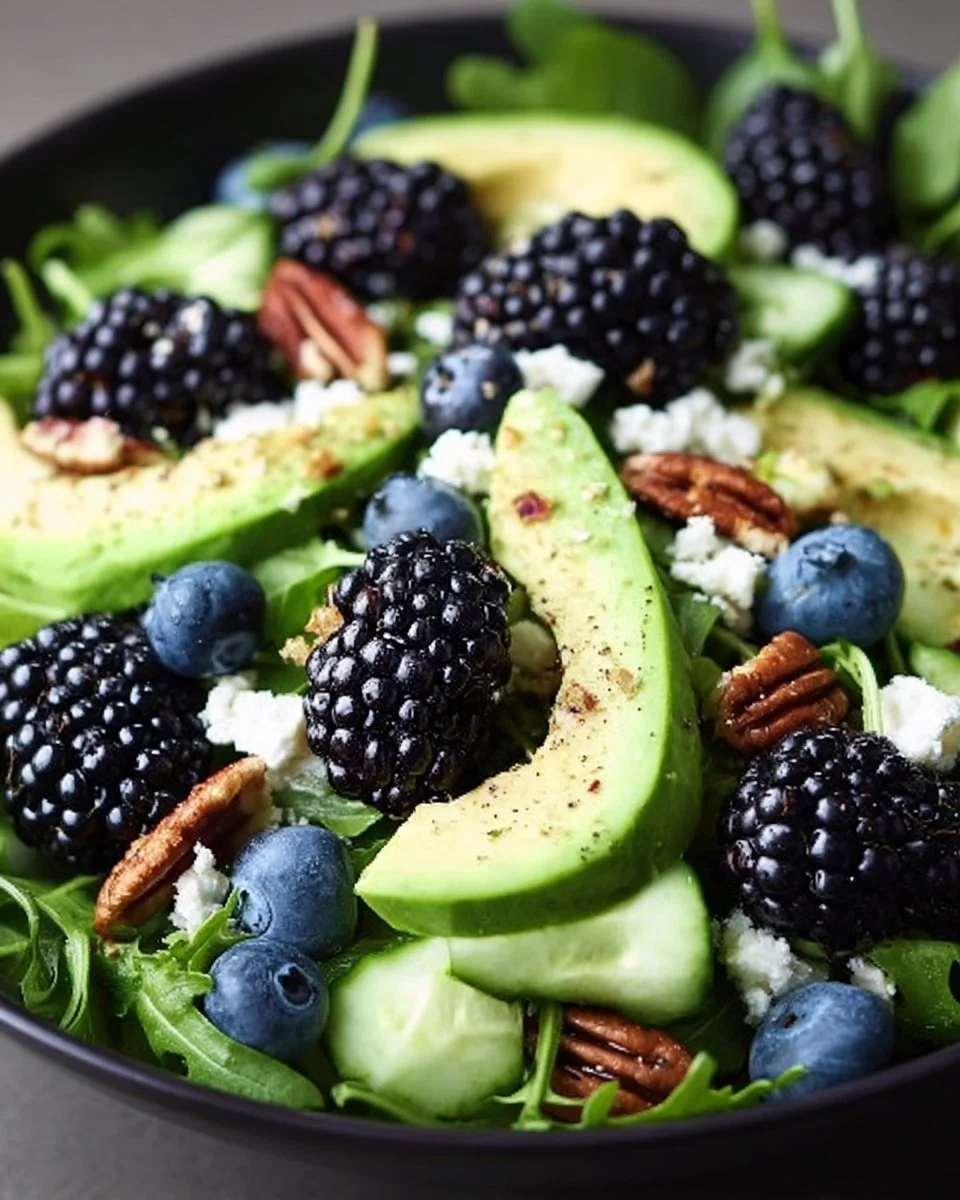 Delicious blackberry avocado salad topped with fresh greens and dressing