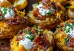 Delicious Blackstone loaded smashed potatoes topped with cheese and herbs