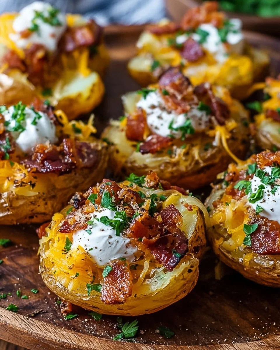 Delicious Blackstone loaded smashed potatoes topped with cheese and herbs