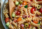 Delicious Bloody Mary Pasta Salad with fresh vegetables and a zesty dressing