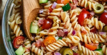 Delicious Bloody Mary Pasta Salad with fresh vegetables and a zesty dressing