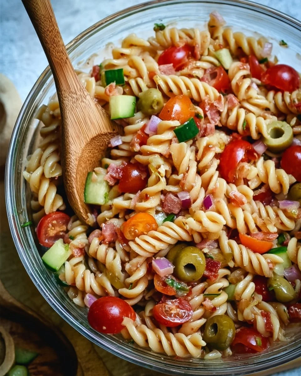 Delicious Bloody Mary Pasta Salad with fresh vegetables and a zesty dressing