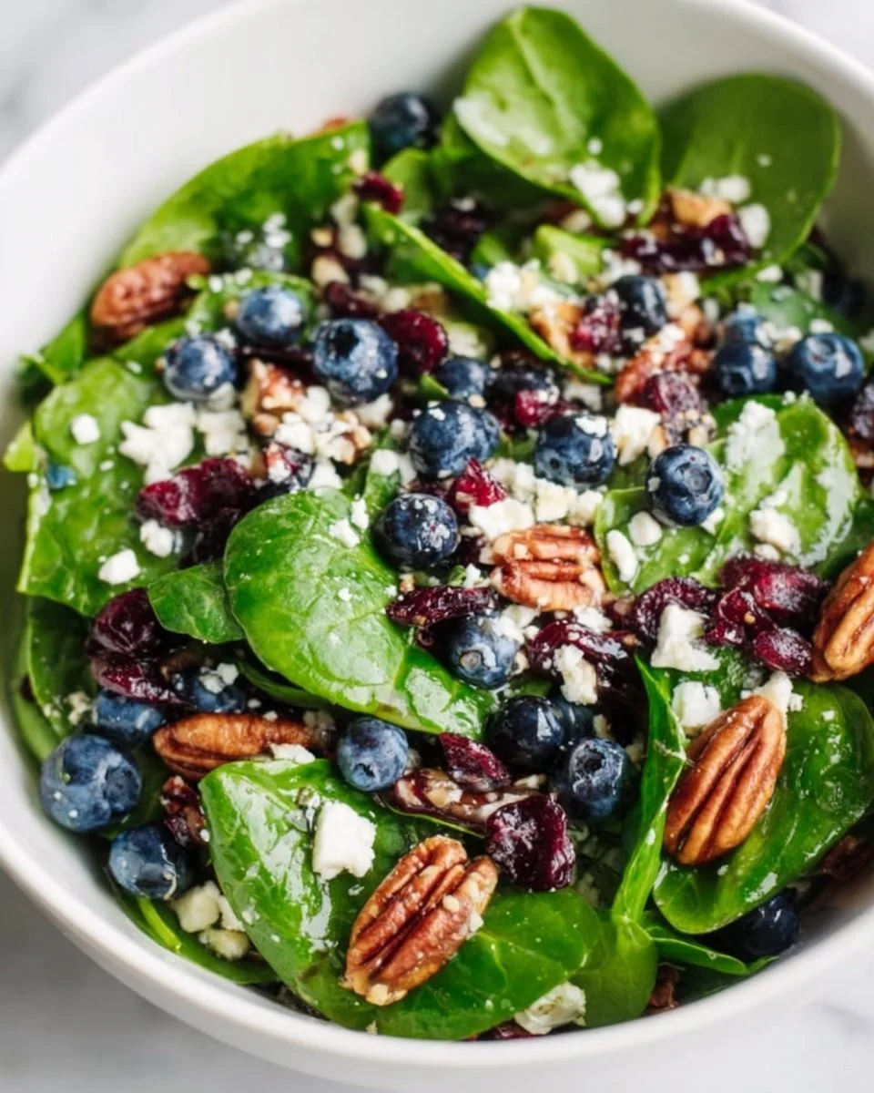 Blueberry spinach salad topped with honey balsamic dressing