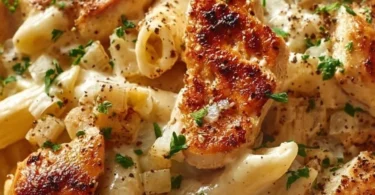 Creamy Boursin Chicken Pasta served in a bowl with herbs and spices.