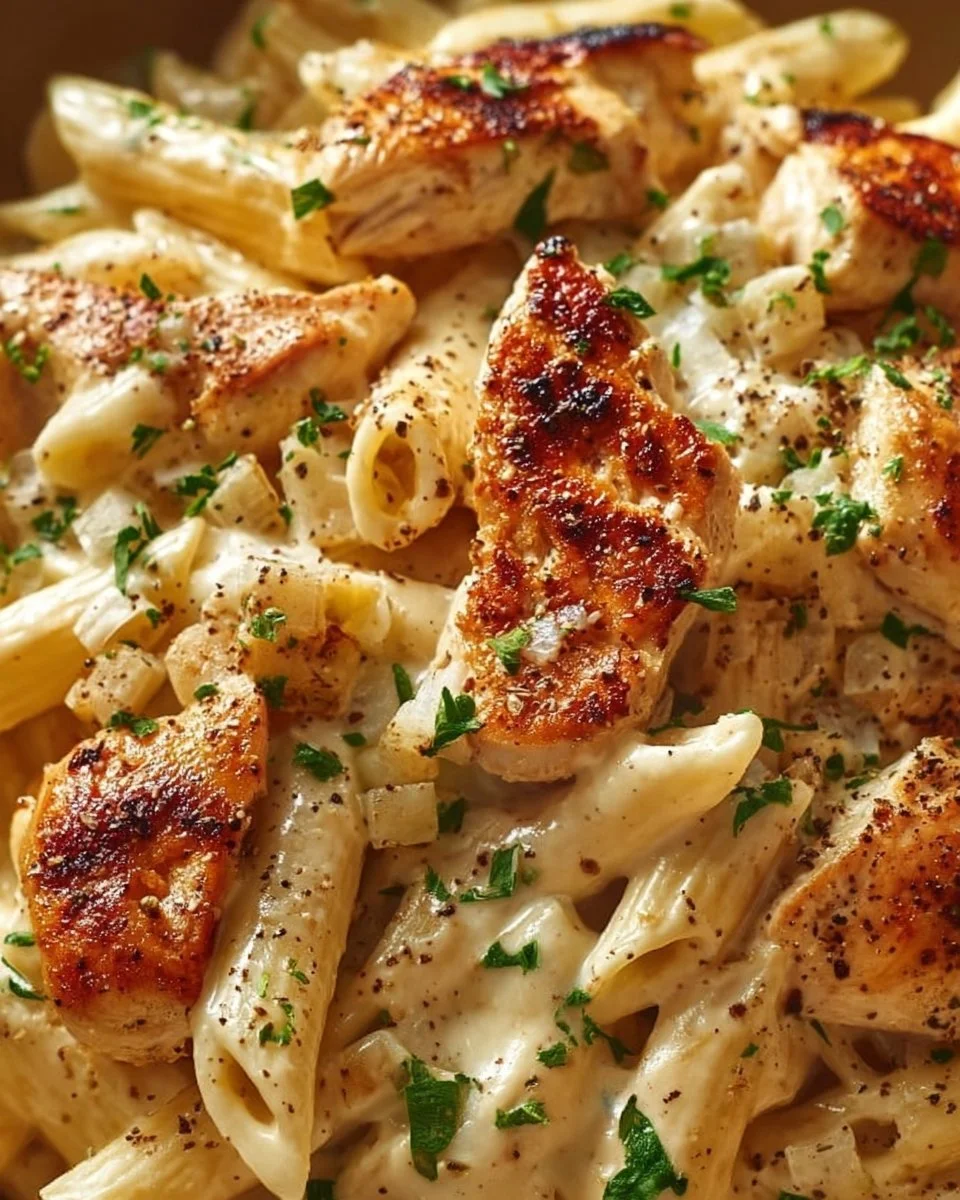 Creamy Boursin Chicken Pasta served in a bowl with herbs and spices.