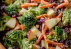 Fresh Broccoli Crunch Salad with nuts and dressing on a plate