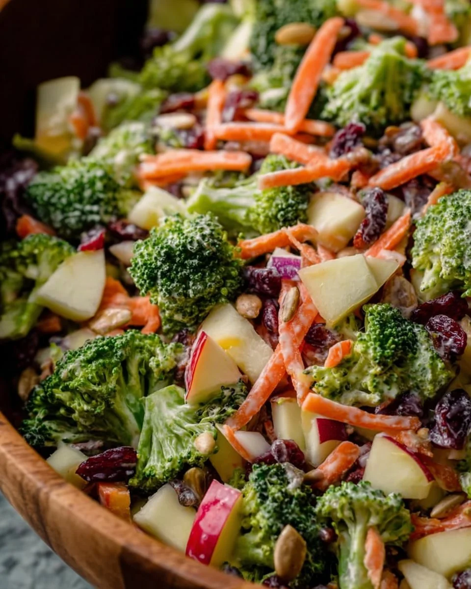 Fresh Broccoli Crunch Salad with nuts and dressing on a plate