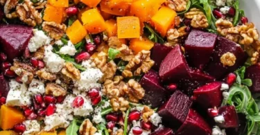 Colorful butternut squash salad with roasted beets and greens