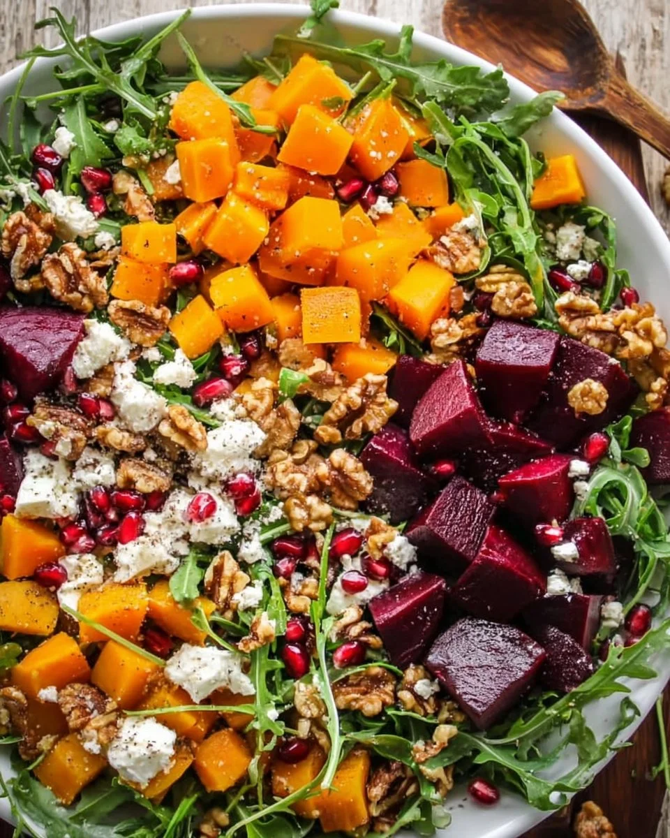 Colorful butternut squash salad with roasted beets and greens