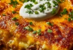 Cheesy baked burrito casserole topped with melted cheese and fresh toppings