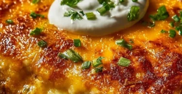 Cheesy baked burrito casserole topped with melted cheese and fresh toppings