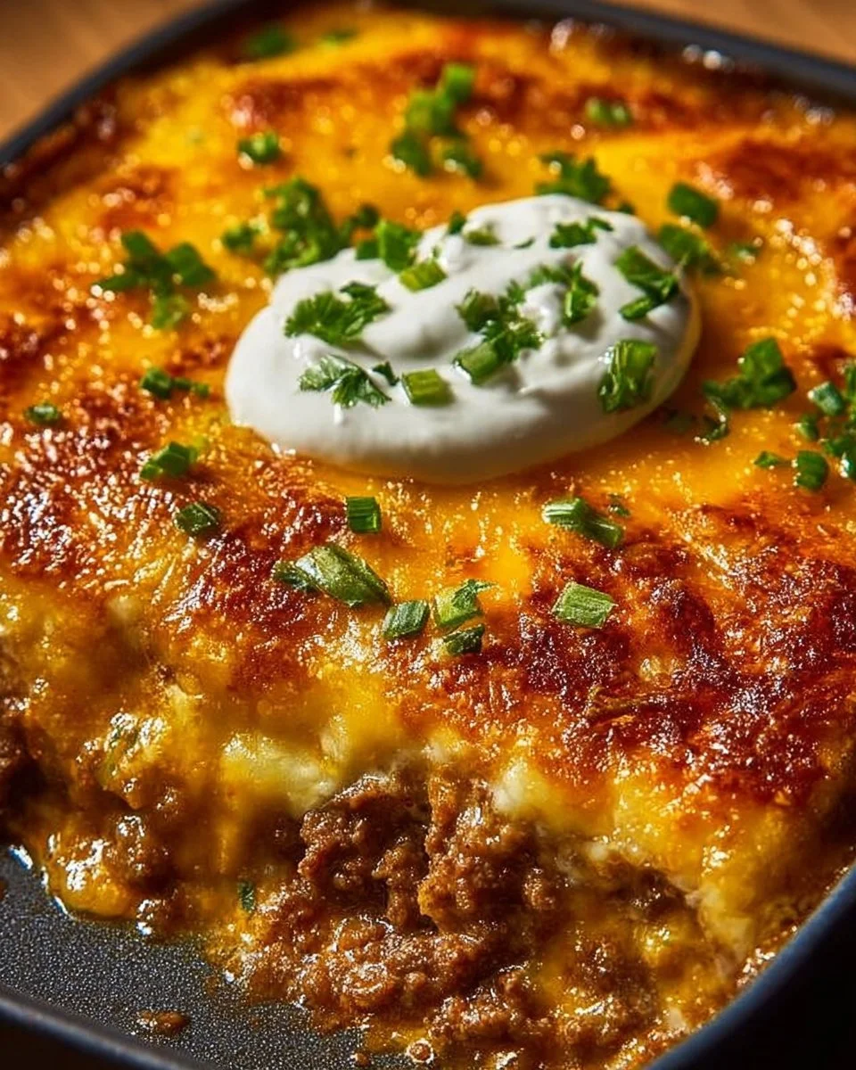 Cheesy baked burrito casserole topped with melted cheese and fresh toppings