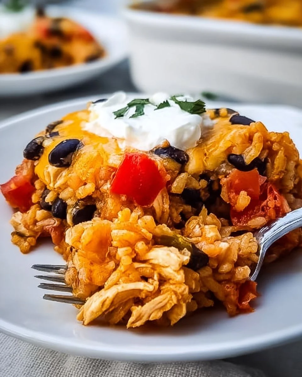 Cheesy chicken taco casserole topped with black beans and melted cheese