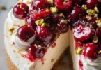 Slice of Cherry Pistachio Cheesecake topped with cherries and pistachios
