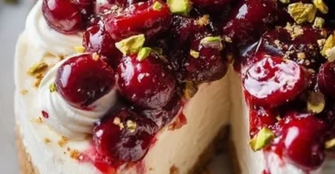 Slice of Cherry Pistachio Cheesecake topped with cherries and pistachios