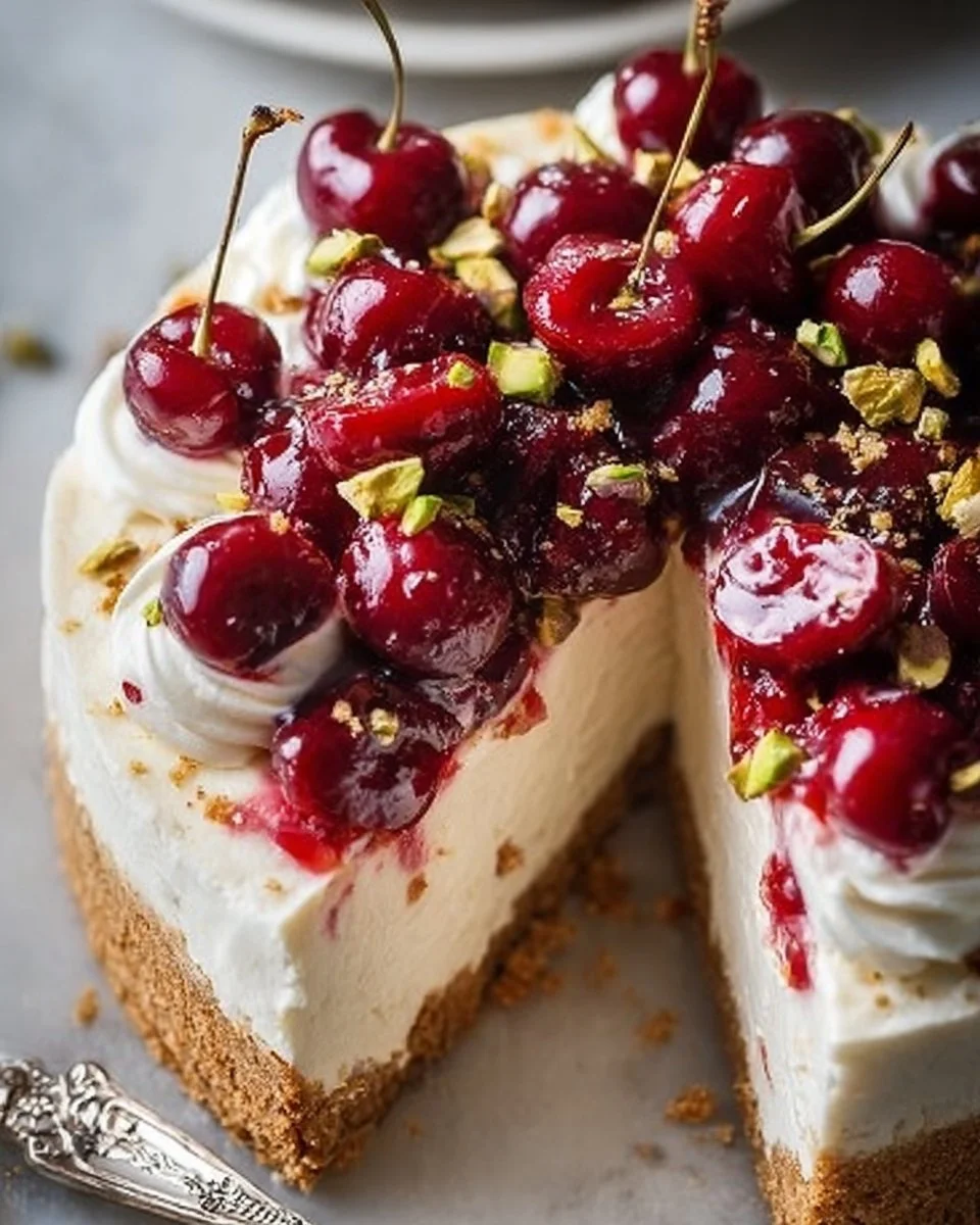 Slice of Cherry Pistachio Cheesecake topped with cherries and pistachios