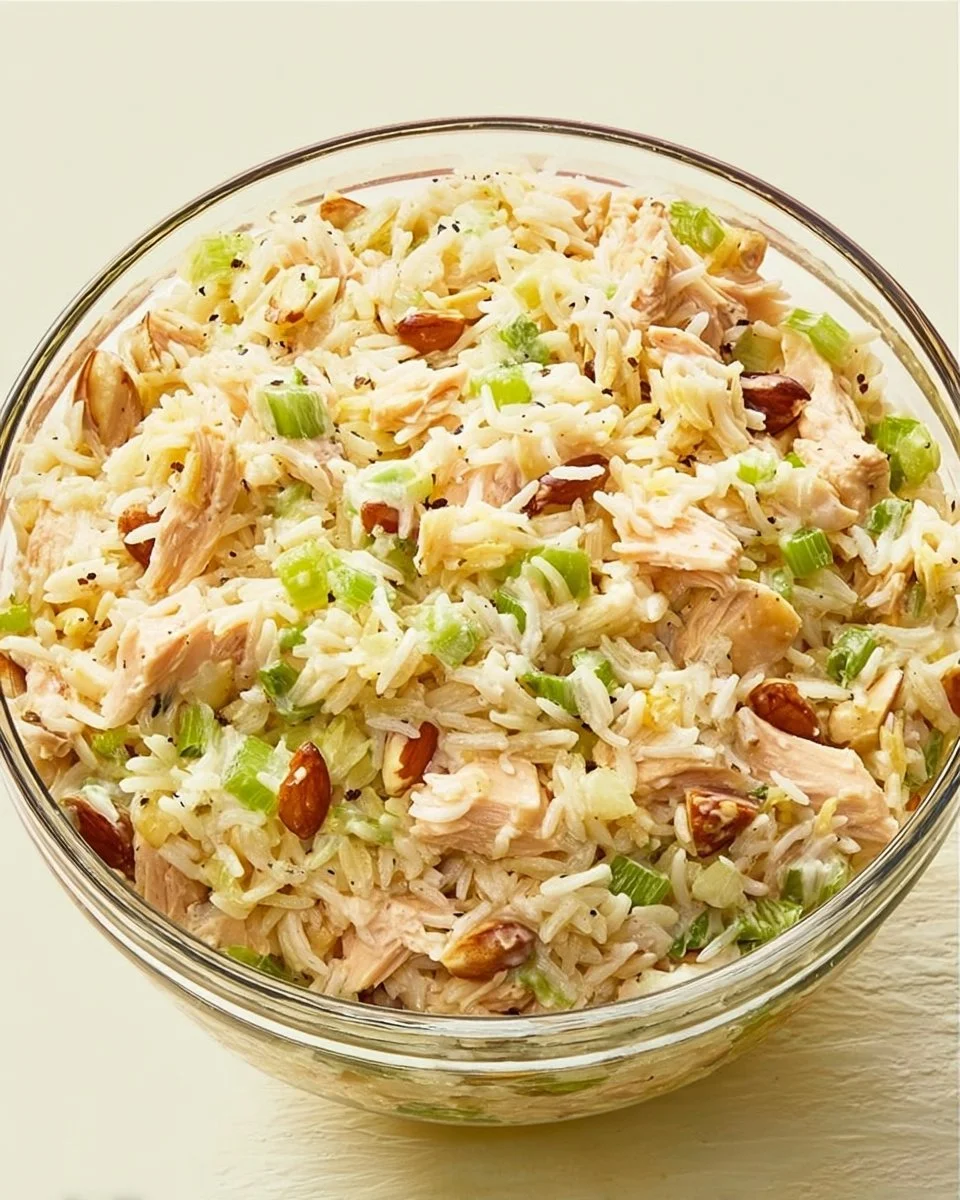 Delicious Chicken and Rice Salad garnished with fresh vegetables and herbs