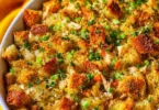 Delicious Chicken and Stuffing Casserole topped with golden-brown stuffing