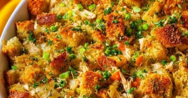 Delicious Chicken and Stuffing Casserole topped with golden-brown stuffing