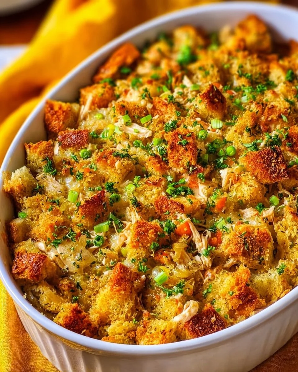Delicious Chicken and Stuffing Casserole topped with golden-brown stuffing