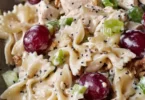 Chicken Grape Pasta Salad with Poppy Seed Dressing served in a bowl