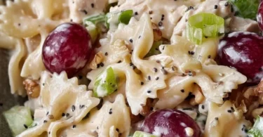 Chicken Grape Pasta Salad with Poppy Seed Dressing served in a bowl