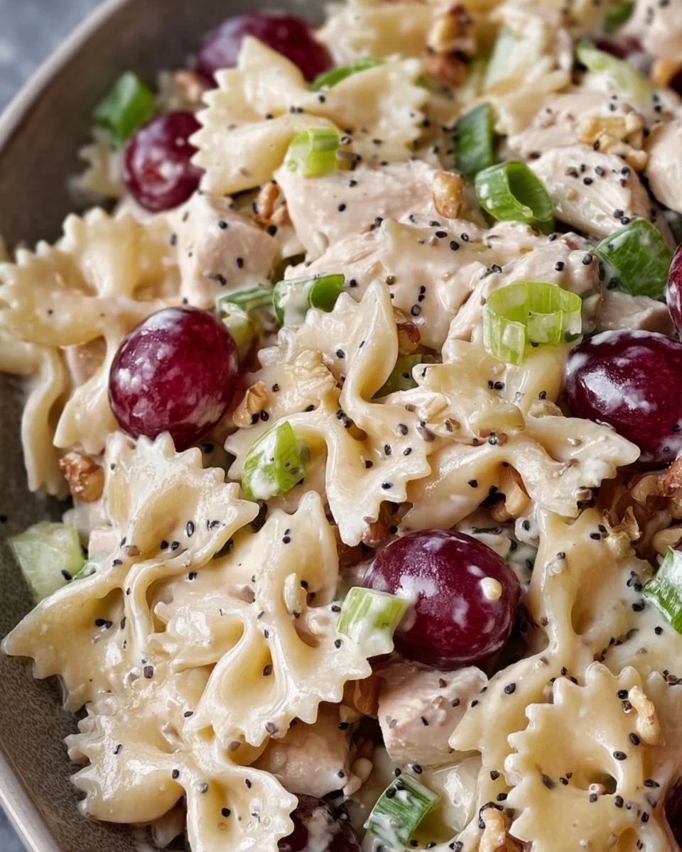 Chicken Grape Pasta Salad with Poppy Seed Dressing served in a bowl