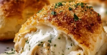 Delicious chicken pillows topped with creamy Parmesan sauce served on a plate.