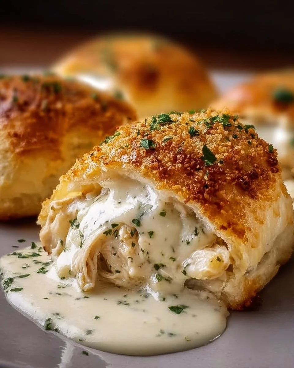Delicious chicken pillows topped with creamy Parmesan sauce served on a plate.