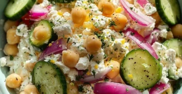 Cottage cheese chickpea salad bowl with fresh vegetables and herbs.