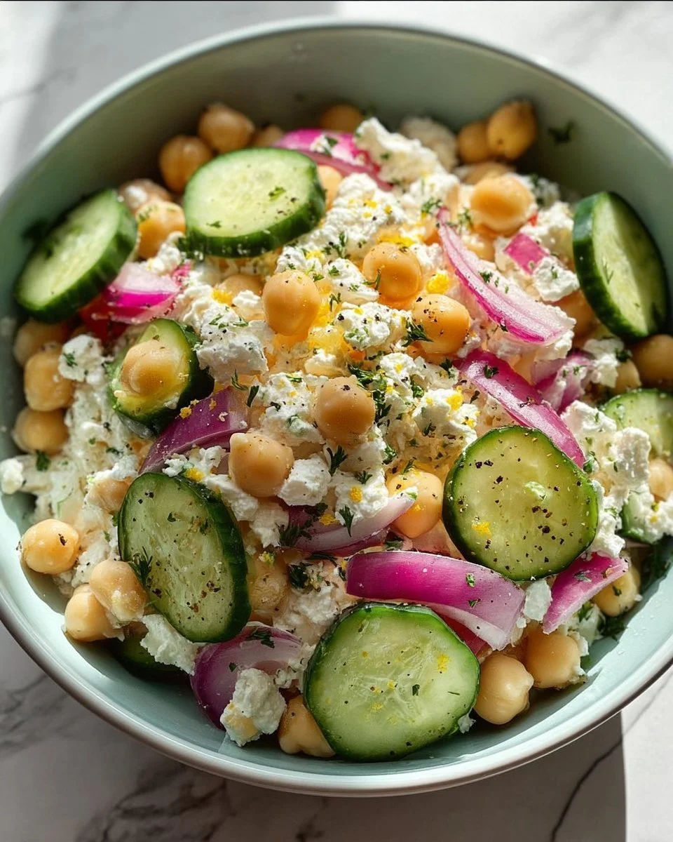 Cottage cheese chickpea salad bowl with fresh vegetables and herbs.