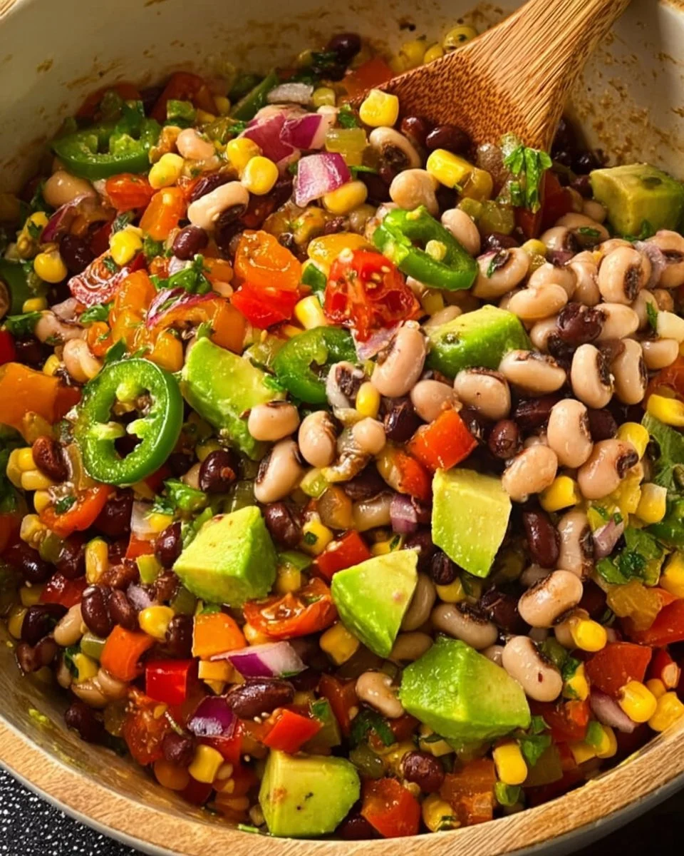 A bowl of colorful cowboy caviar with black beans, corn, and tomatoes