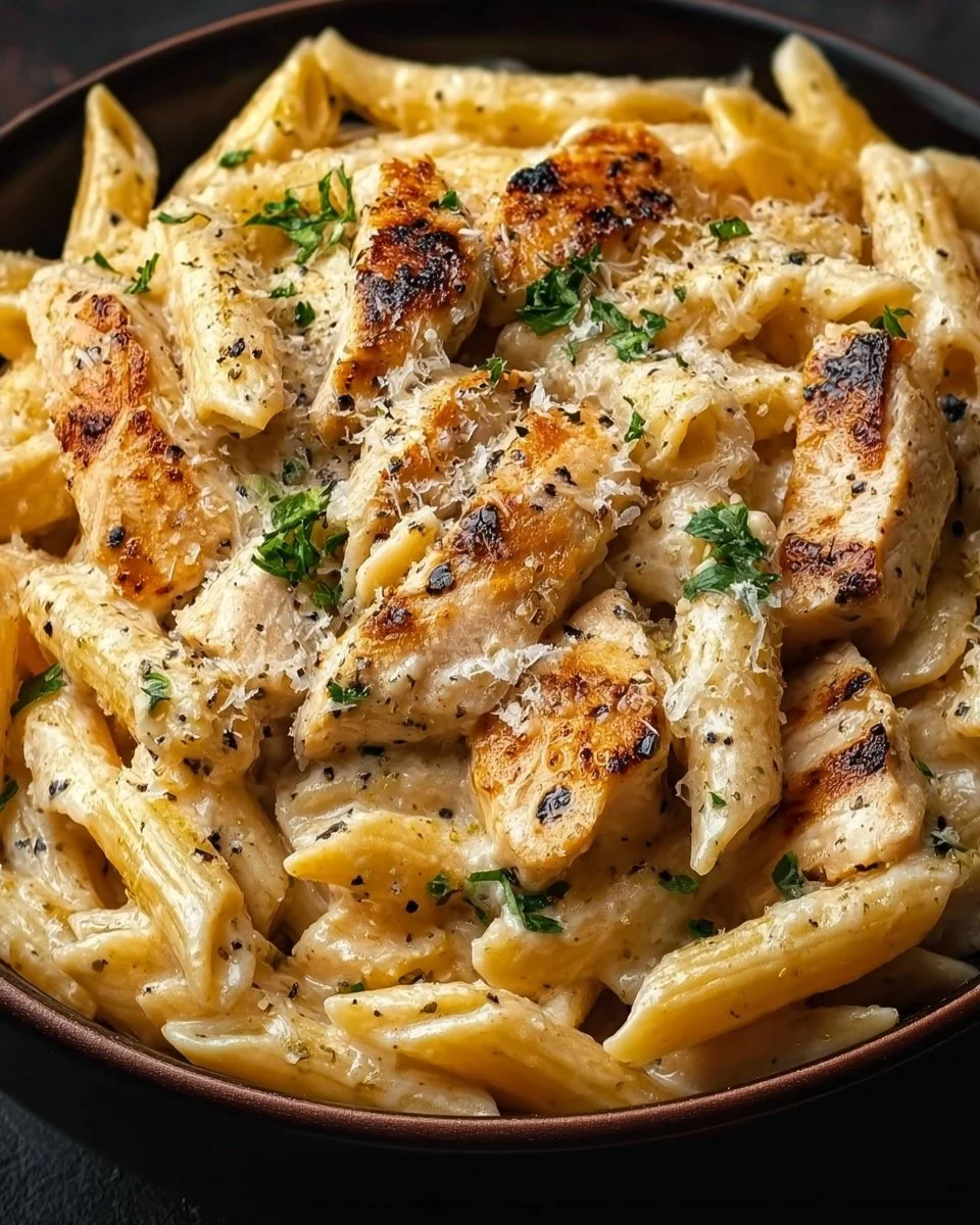 Delicious Cracked Chicken Penne served in a bowl with herbs