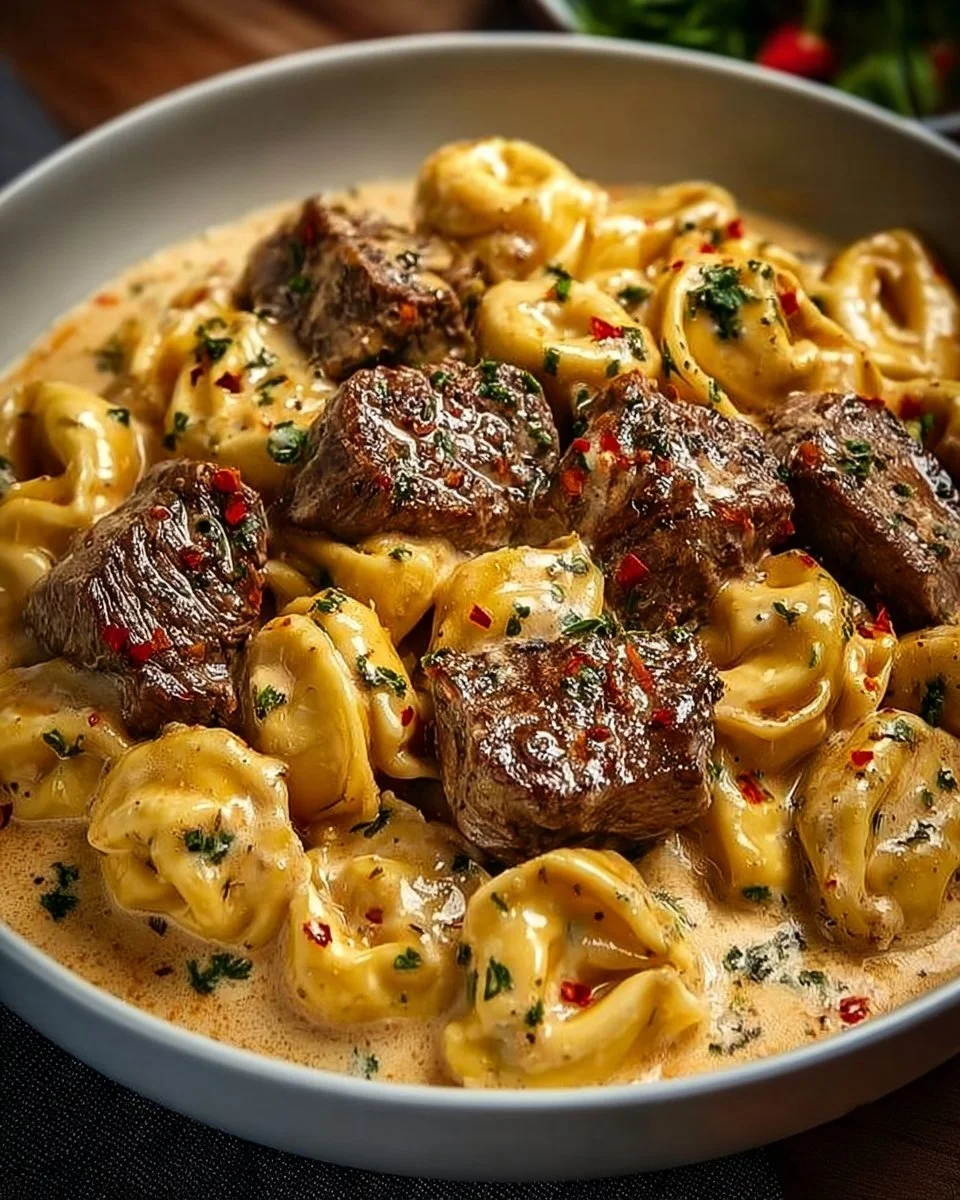 Delicious Garlic Steak Tortellini served with creamy sauce on a plate