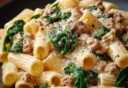 Creamy ground turkey spinach pasta served in a bowl with herbs and cheese