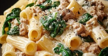 Creamy ground turkey spinach pasta served in a bowl with herbs and cheese