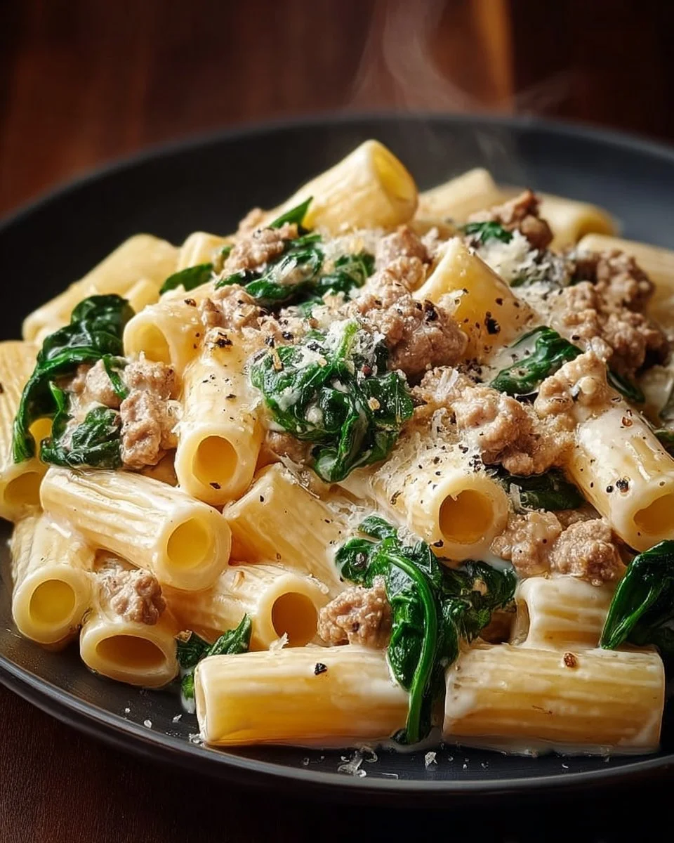 Creamy ground turkey spinach pasta served in a bowl with herbs and cheese